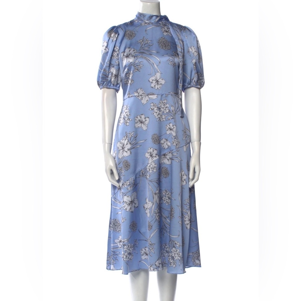 ML Monique Lhuillier Blue Floral Tie-Neck Midi Dress Size 4